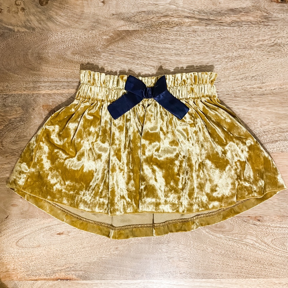 golden velvet toddler girls skirt with navy bow